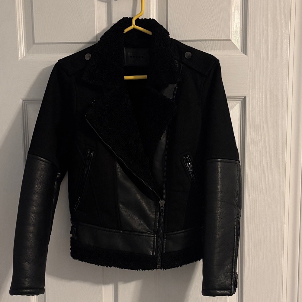 Blank NYC Black Leather Jacket with Shearling Trim